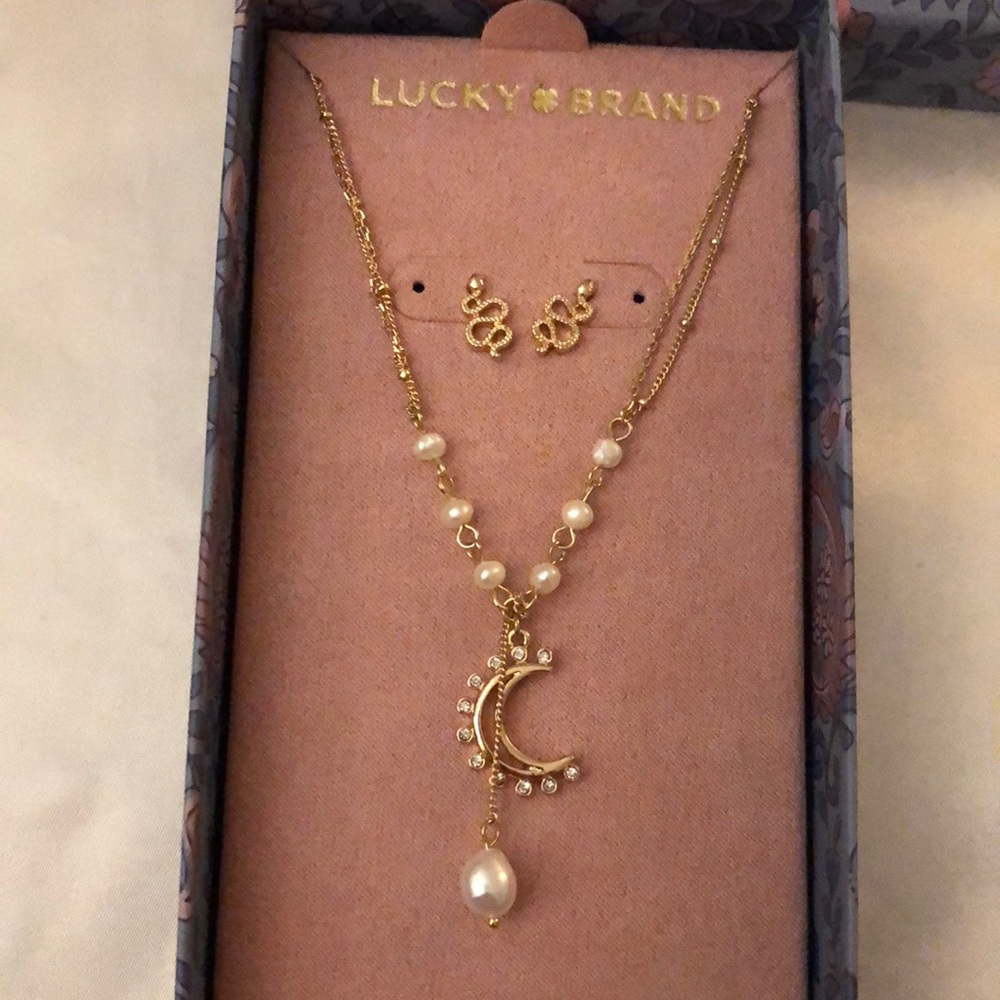 Lucky Brand Gold Tone Snake Stud Earrings & Moon Lariat Necklace NWT & Box